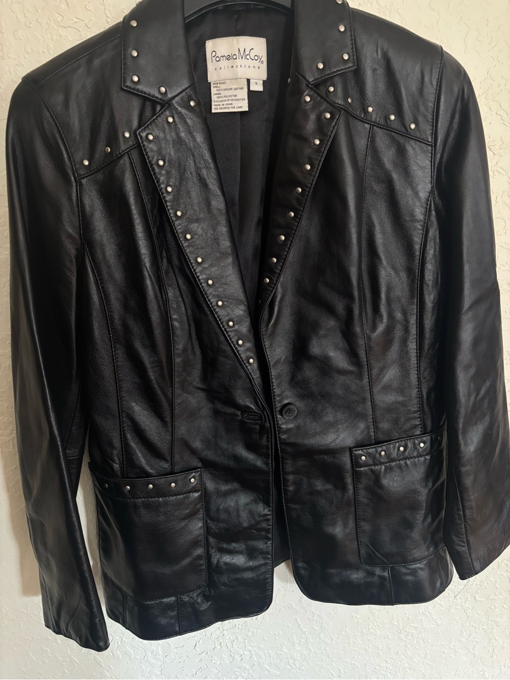 Pamela McCoy Black Stud-Trim Leather Jacket